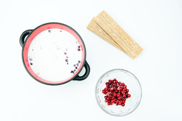 Healthy breakfast consisting of cereal with milk, berries and grain loaves