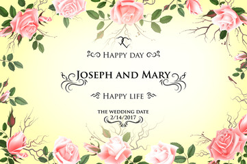 Fototapeta premium Postcard with delicate flowers roses. Wedding invitation, thank you, save the date cards, menu, flyer, banner template. Happy Birthday greeting card