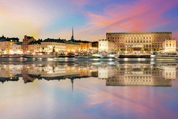 Sunset view of The Royal Palace in Stockholm. (Sweden)
