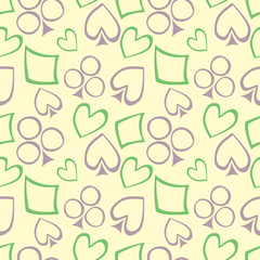 Seamless vector pattern with icons of playings cards. background with hand drawn symbols. Decorative repeat ornament. Series of Gaming and Gambling Seamless vector Patterns.