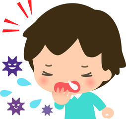 クシャミをする男の子と飛び散るウィルス