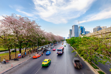 Twilight view of Bangkok with traffic trails