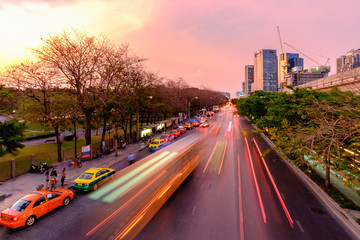 Twilight view of Bangkok with traffic trails