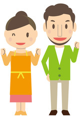 かわいいアップと髭の夫婦　ガッツポーズ　喜ぶ