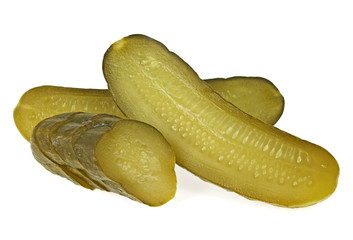 Marinated pickled cucumber slices isolated on white background