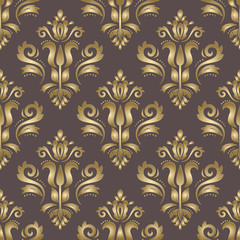 Seamless oriental brown and golden ornament. Fine traditional oriental pattern with 3D elements, shadows and highlights