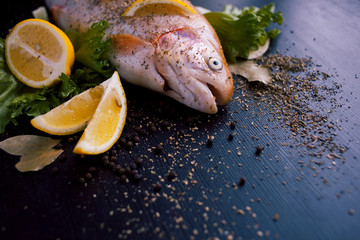Fresh trout and ingredients to prepare fish dishes on black table
