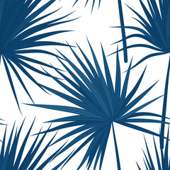 Vector tropical background with jungle plants. Seamless tropical pattern with sabal palm leaves. Denim indigo colors. - obrazy, fototapety, plakaty