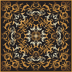 Black handkerchief with gold pattern. Square ornament for print on fabric, vector illustration.