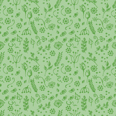 Seamless vector pattern, green hand drawn background with flowers, branch, leaves, dots. Hand sketch drawing. Doodle funny style. Series of Hand Drawn seamless childish Patterns.