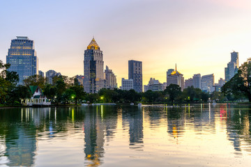 Obraz premium Business district cityscape from a park with twilight time.