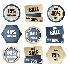 Obraz premium Set of discount, sale, buy now, new, half price banner in gold and blue in gradient style.