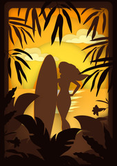 Vector illustration as if paper silhouettes of a girl with a surfboard among tropical plants on the beach at sunset or sunrise