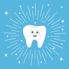 Healthy tooth icon with smiling face and big eyes. Cute cartoon character. Round line circle. Oral dental hygiene. Children teeth care. Shining effect stars. Blue background. Flat design.