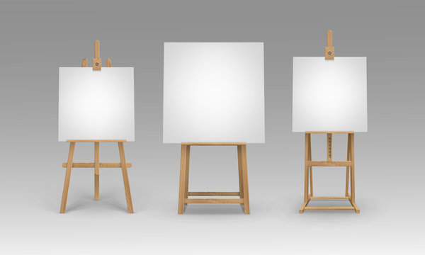 Set of Brown Sienna Wooden Easels with Mock Up Empty Blank Canvases Isolated on Background