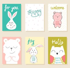 Collection of cute artistic cards for kids. Funny animals in vector.
