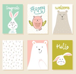 Collection of cute artistic cards for kids. Funny animals in vector.