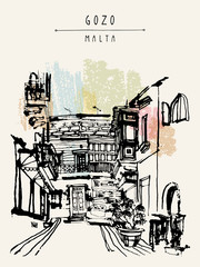 Naklejka premium Alley in Victoria, Gozo island, Malta. Vintage hand-drawn ttravel postcard or poster