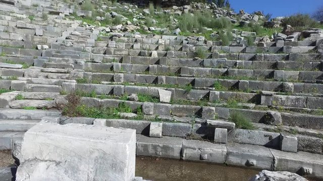General temple and amphitheater view of Priene Ancient City in Aydın, Turkey, on bright blue sky background.