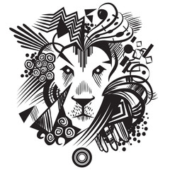 Illustration of black abstract lion with geometric shapes