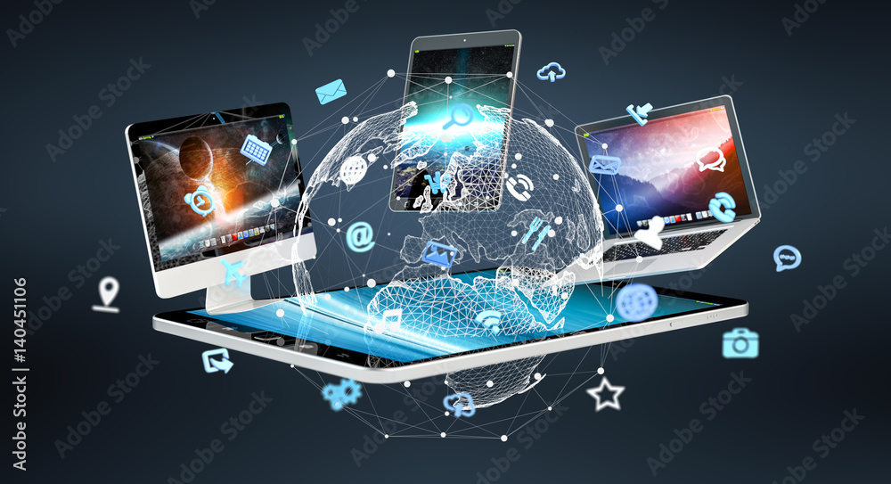Aufkleber Tech devices with icons and graphs flying 3D rendering