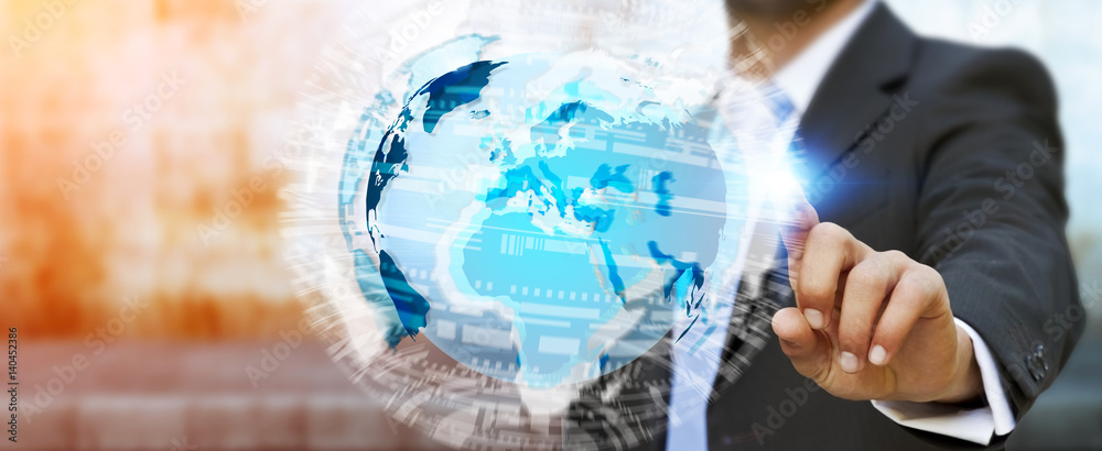 Poster businessman touching global network on planet earth 3d rendering
