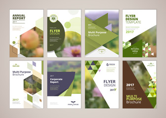 Natural and organic products brochure cover design and flyer layout templates collection. Vector illustrations for marketing material, ads and magazine, natural products presentation templates.