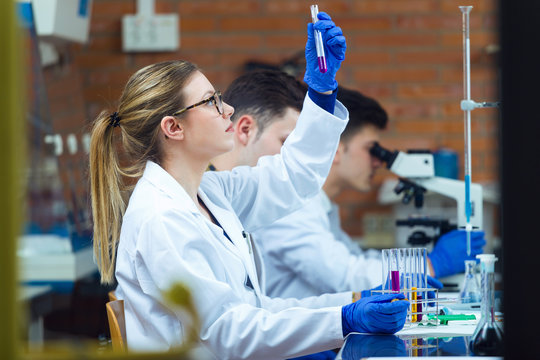 Young scientists carrying out an experiment in a laboratory.