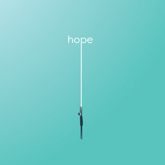 Businessman hanging on a rope from a word hope. Symbol of help, assistance in difficult situations.