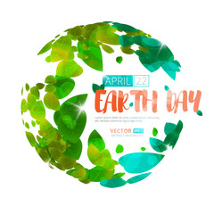 Happy Earth Day. Greeting card on 22 april. Vector earth globe with green leaves isolated on white background.