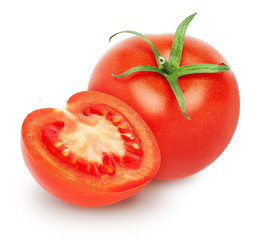 Isolated Tomatoes. One fresh Tomato with half isolated on white, with clipping path