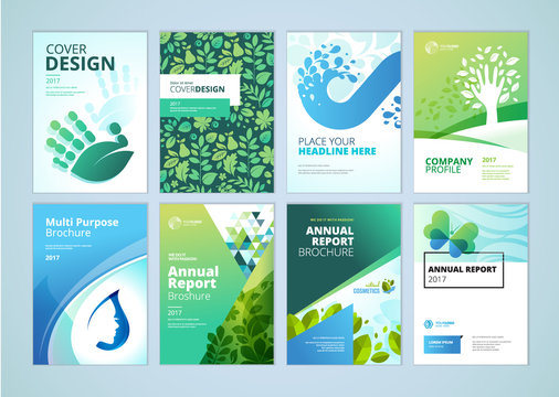 Natural and organic products brochure cover design and flyer layout templates collection. Vector illustrations for marketing material, ads and magazine, products presentation templates.