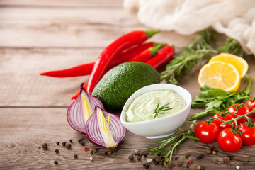 Healthy cooking concept. Culinary ingredients for  mexican sauce guacamole. Selective focus. Copy space. Top view