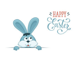 Cartoon easter bunny isolated on white background. Fun illustration of rabbit with Happy Easter wording.