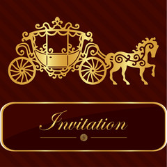 Invitation card with golden lettering. Vintage horse carriage design. Good idea for template, wedding card, retro style. Vector illustration