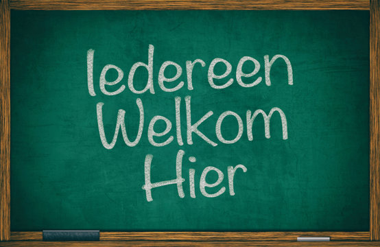 Dutch for everyone welcome here written on chalkboard, retro effect