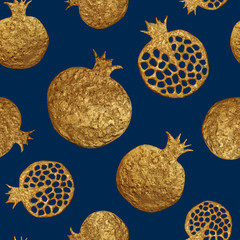 Gold abstract pomegranate pattern. Hand paintied seamless background. Summer fruit illustration.