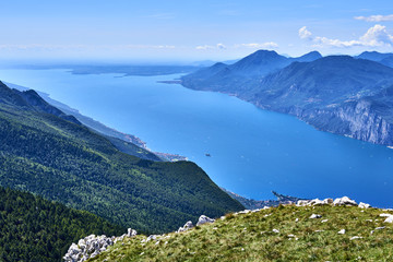 Aerial view of a nice mountain view Garda Lake nad Malcesine city from the trail at Monte Baldo in Italy.