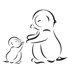 Vector image. Outline drawing of penguin family mom and baby
