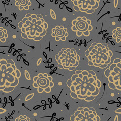 Seamless pattern with of gold blossoms, leaves and branches. Hand drawn floral background for textile, print