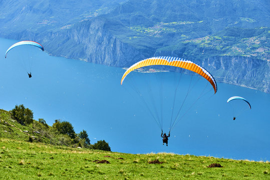 Paragliding is a popular activity on Lake Garda. Taking off from Monte Baldo, Italy