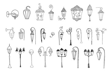 Hand drawn doodle city street lantern set. Ink vector illustration