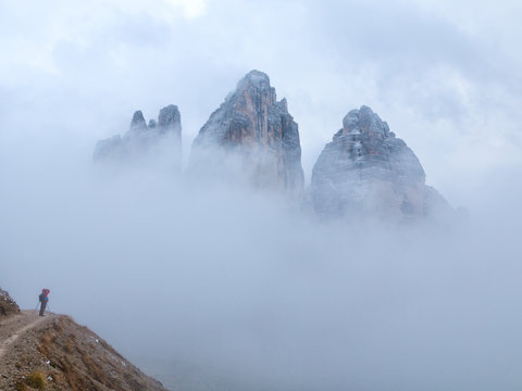 Tre Cime di Lavaredo in beautiful surroundings in the Dolomites at foggy weather   (Drei Zinnen)