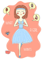 Fototapeta premium Beautiful, lovely, little cartoon ballerina, dreaming about sweets. Diet. Vector illustration