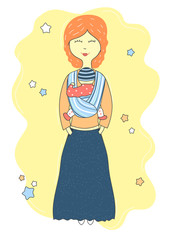 Mother holds baby in a sling scarf. Cute cartoon hand drawn background. Vector illustration
