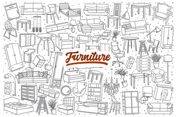 Hand drawn furniture doodle set background with red lettering in vector