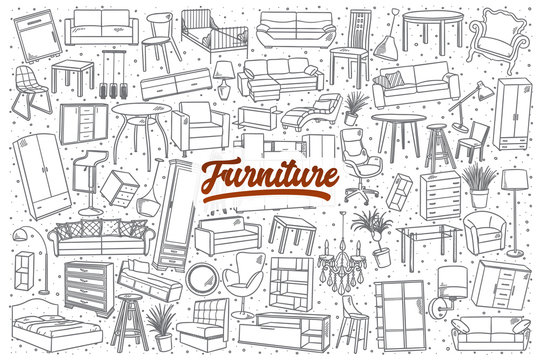 Hand Drawn Furniture Doodle Set Background With Red Lettering In Vector