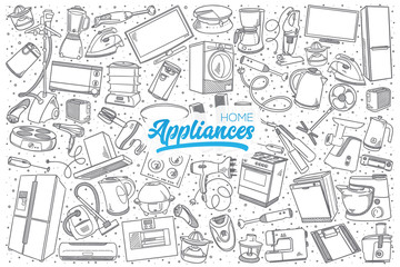 Hand drawn home appliances doodle set background with blue lettering in vector