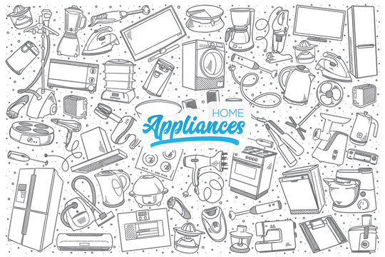 Hand drawn home appliances doodle set background with blue lettering in vector