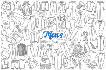 Hand drawn men's clothing doodle set background with blue lettering in vector